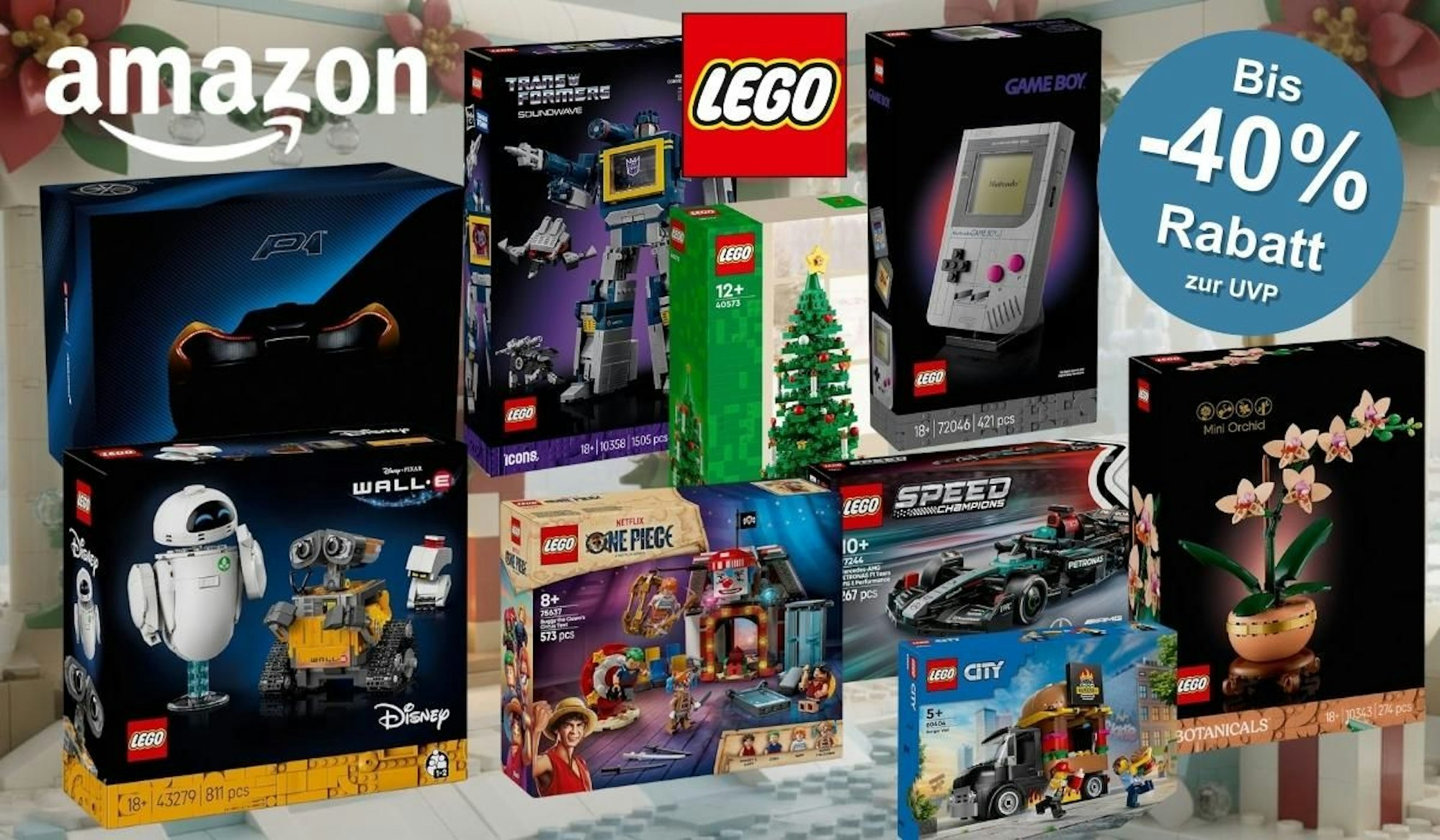 Lego Sets von Technic, Disney, Icons Transformers, Botanical Collection, One Piece, Speed Champions vor einem weihnachtlichen Hintergrund.
