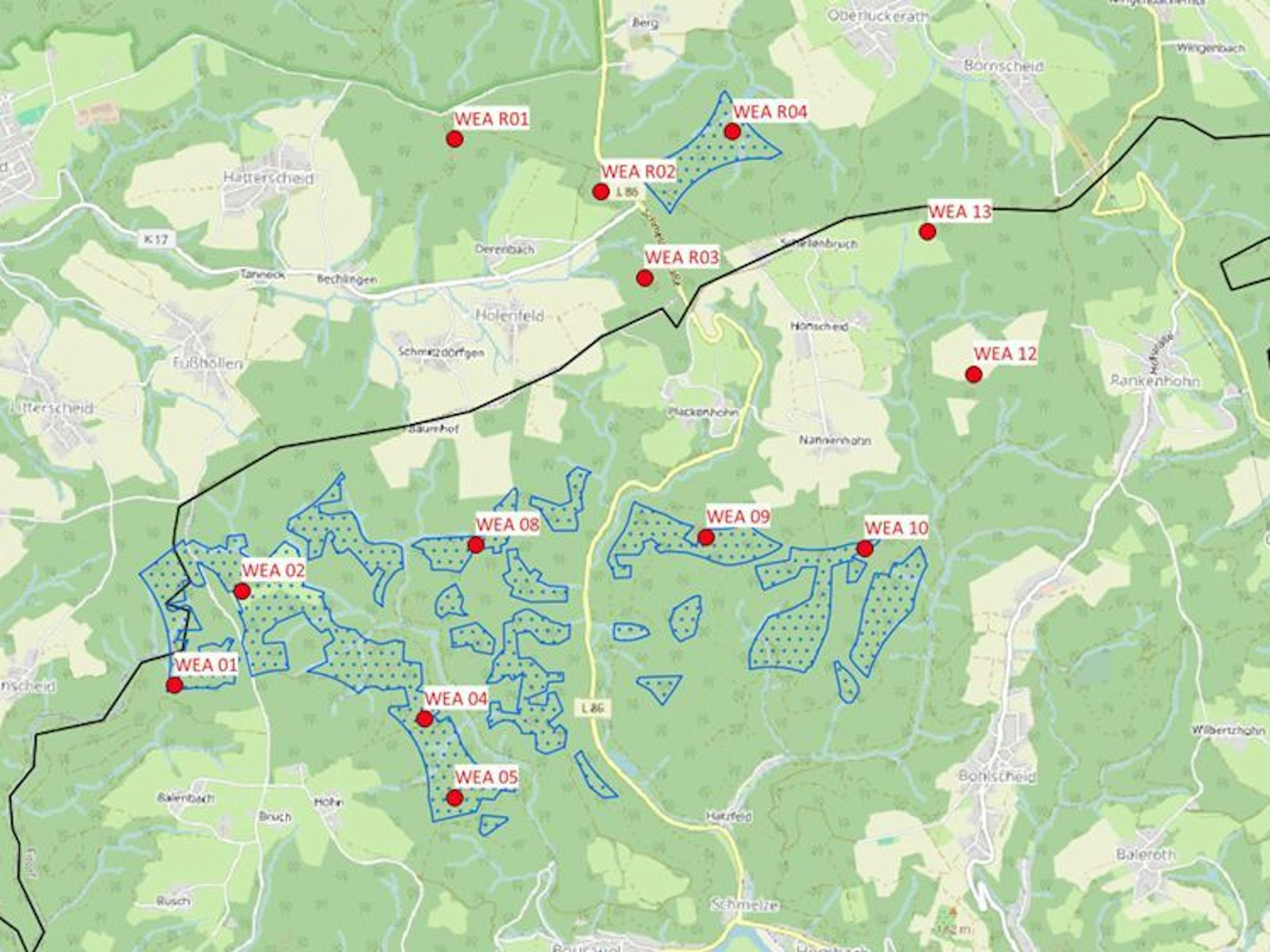 Eine Landkarte mit blau markierten Flächen und roten Punkten.