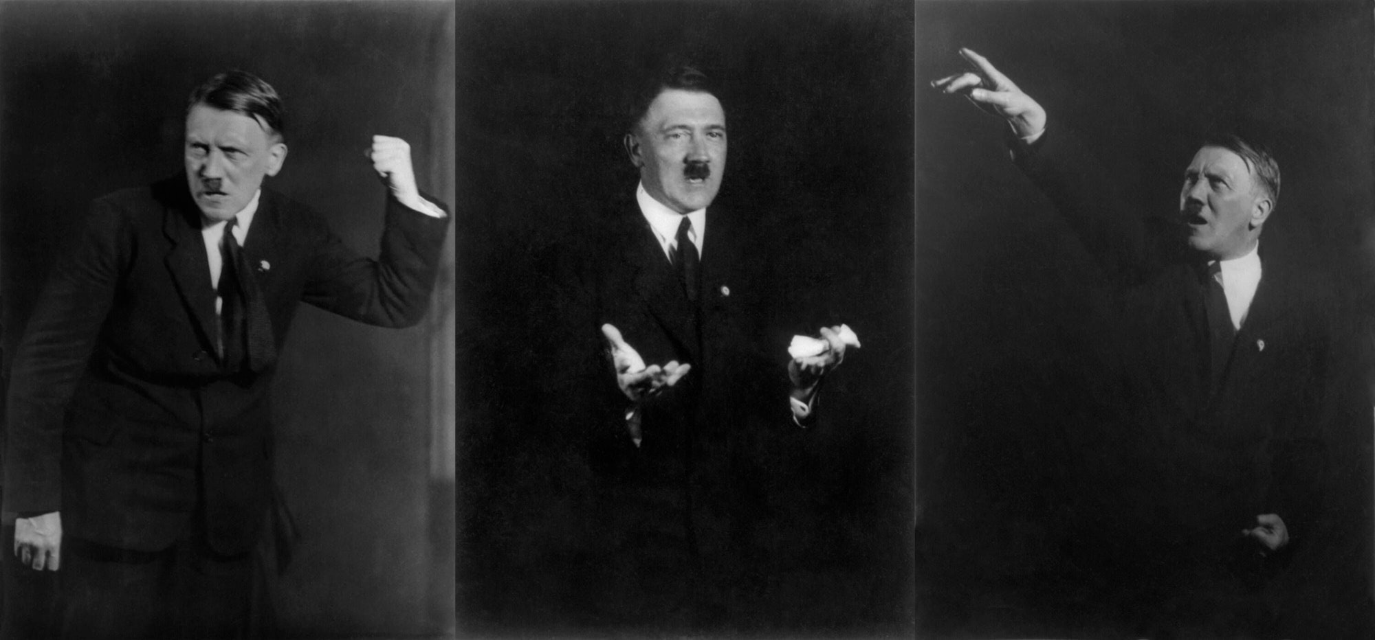 Hitler probt Reden. Die Fotos wurden von seinem persönlichen Fotografen Heinrich Hoffmann aufgenommen. Hitler wollte so seine Gesten und sein Auftreten vor großem Publikum üben.