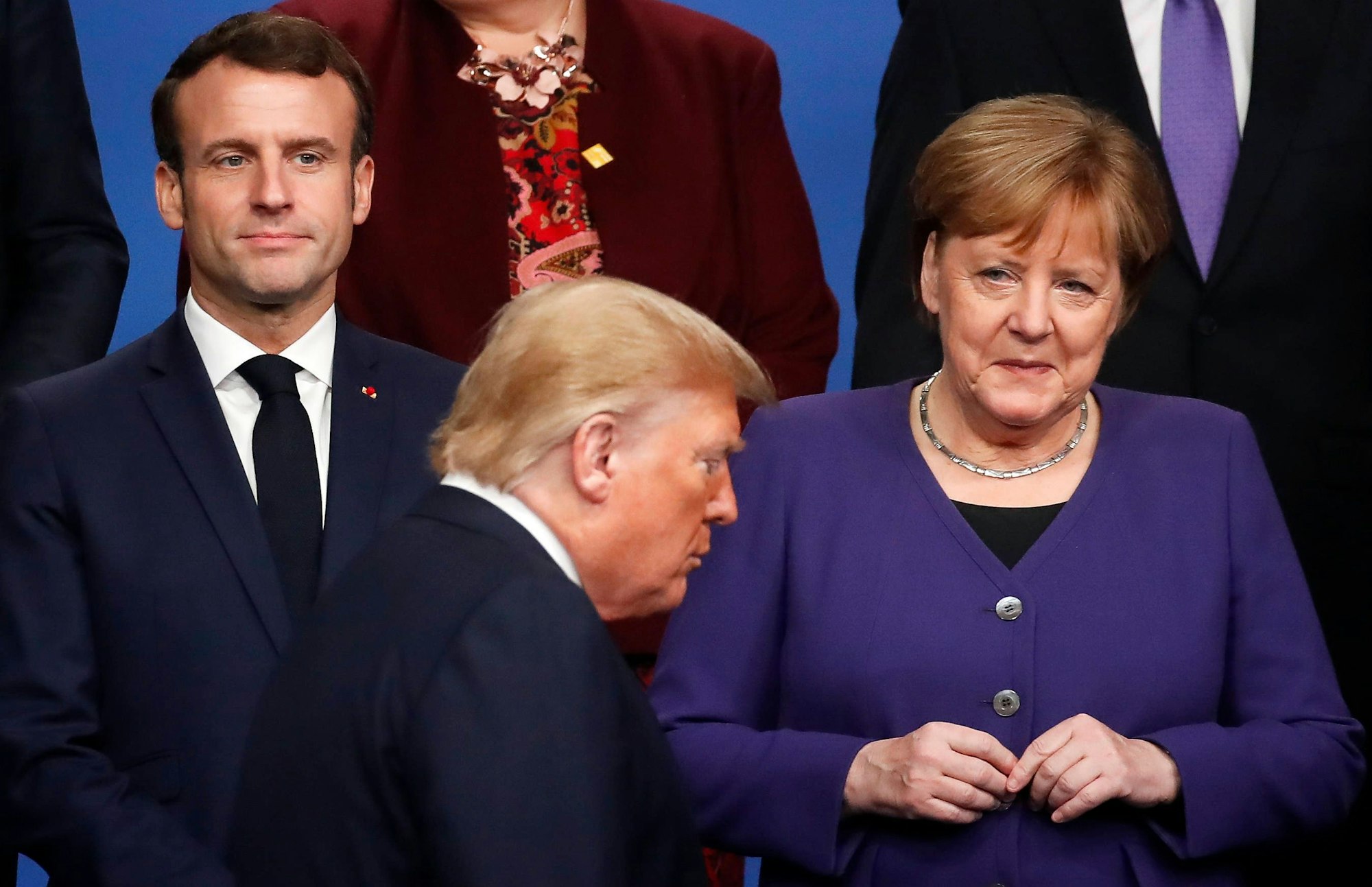 Emmanuel Macron, Donald Trump und Angela Merkel bei einem gemeinsamen Termin.
