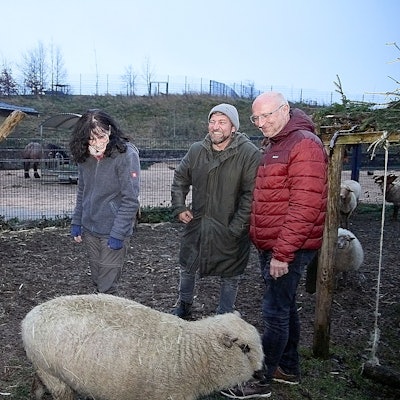 Marion Zöller, René Plamper und Bernd Hellgardt (v.l.) stehen zusammen mit einem Schaf auf dem Außengelände des Hasenberghofs.