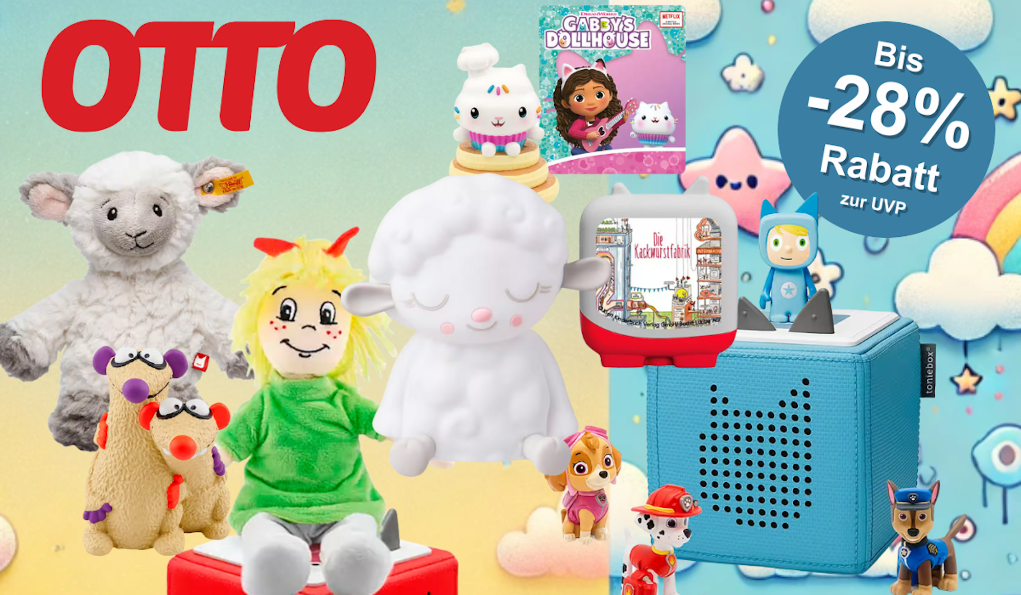 Diverse Tonie-Figuren und eine Toniebox vor einem weihnachtlichen Hintergrund.