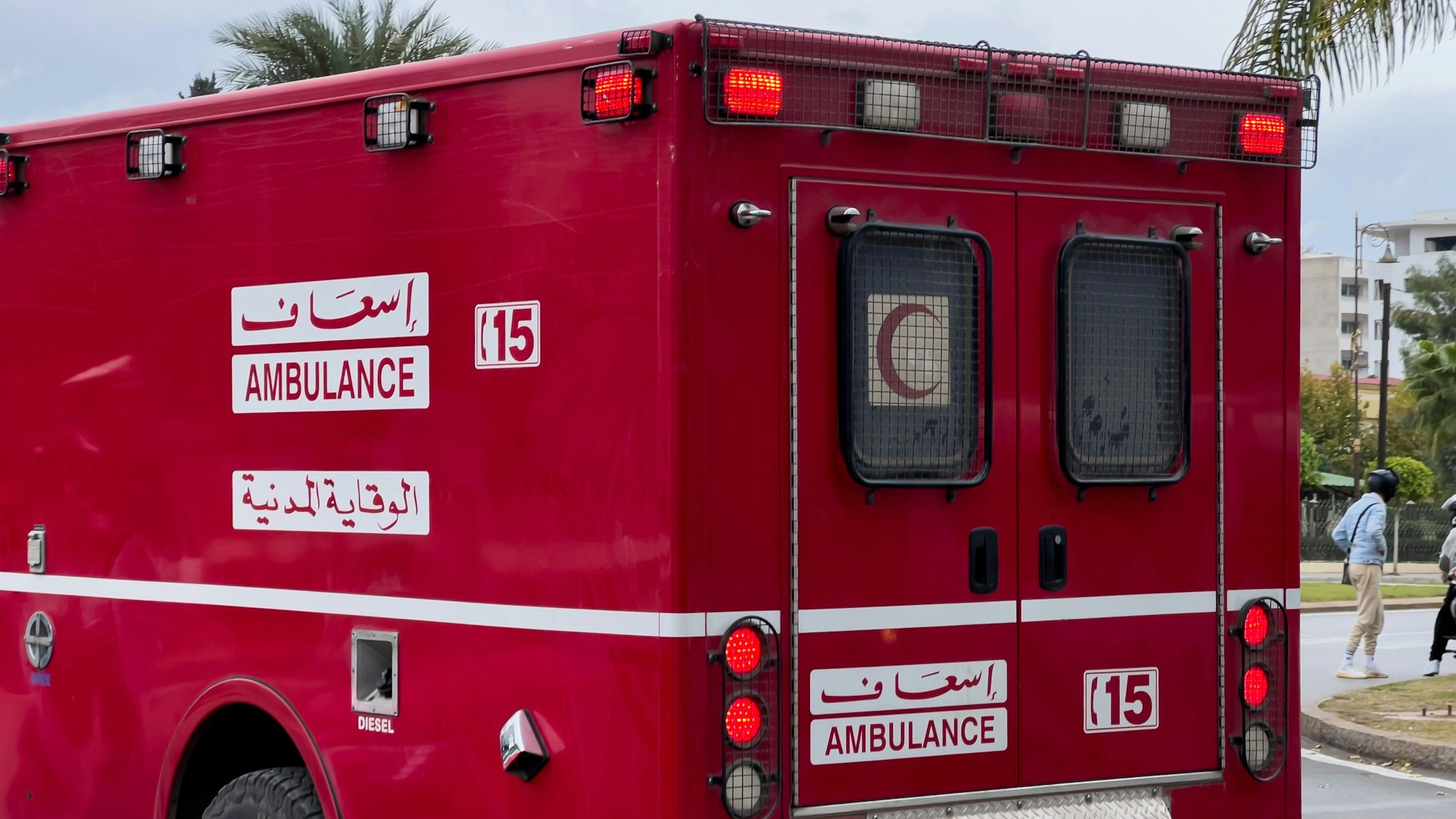 Modern ambulance truck driving on the road in Morocco
