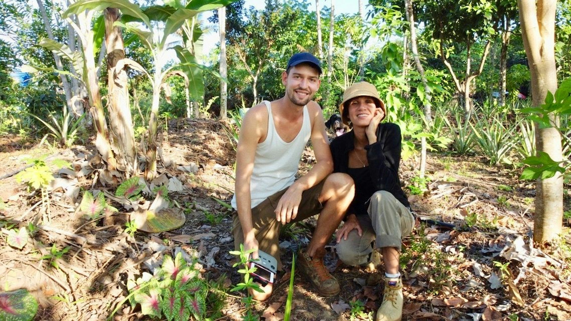 Ein Mann und eine Frau hocken in einem tropischen Regenwald.