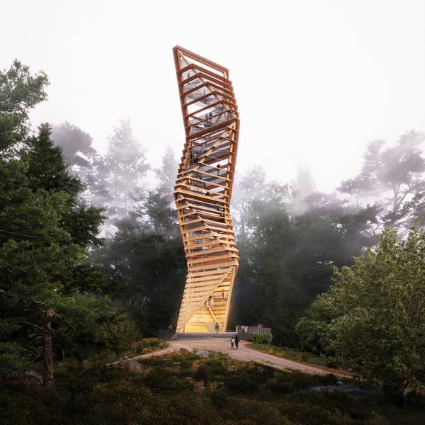Ein in sich gedrehter Turm aus Holz.