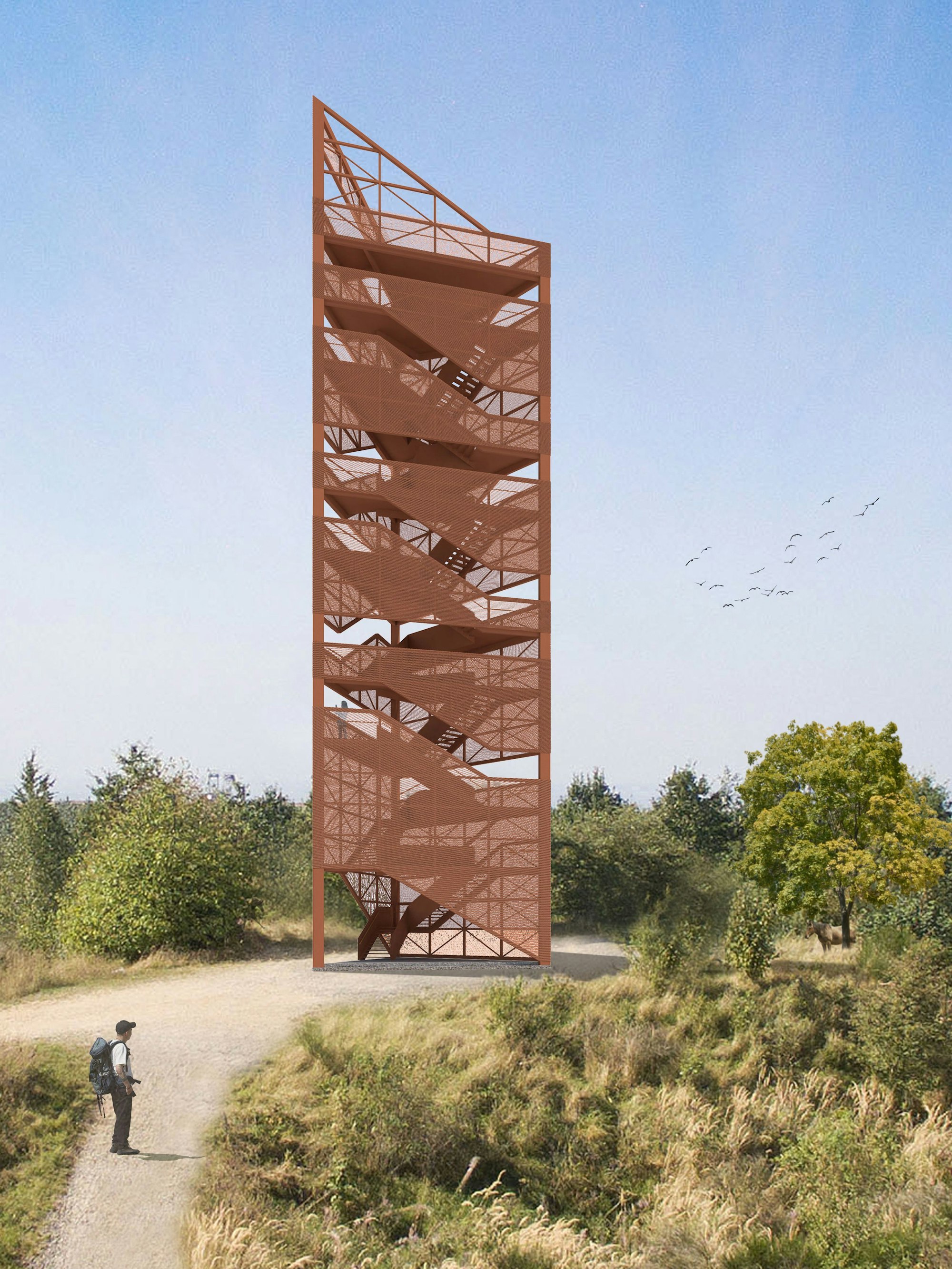 Ein Turm gefertigt aus Metallkonstruktion.