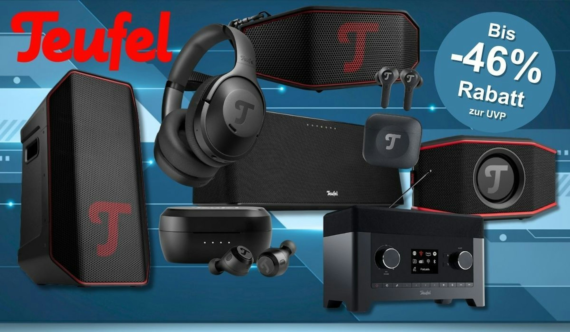 Teufel Audio Produkte wie Kopfhörer, Lautsprecher, Soundbars und mehr vor einem technischen digitalen Bildhintergrund in blauen Farben. Hintergrund.