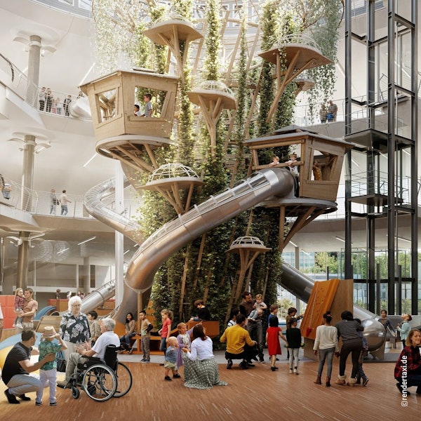 Die Visualisierung zeigt einen großen Kletterbaum im Atrium des Hauses.