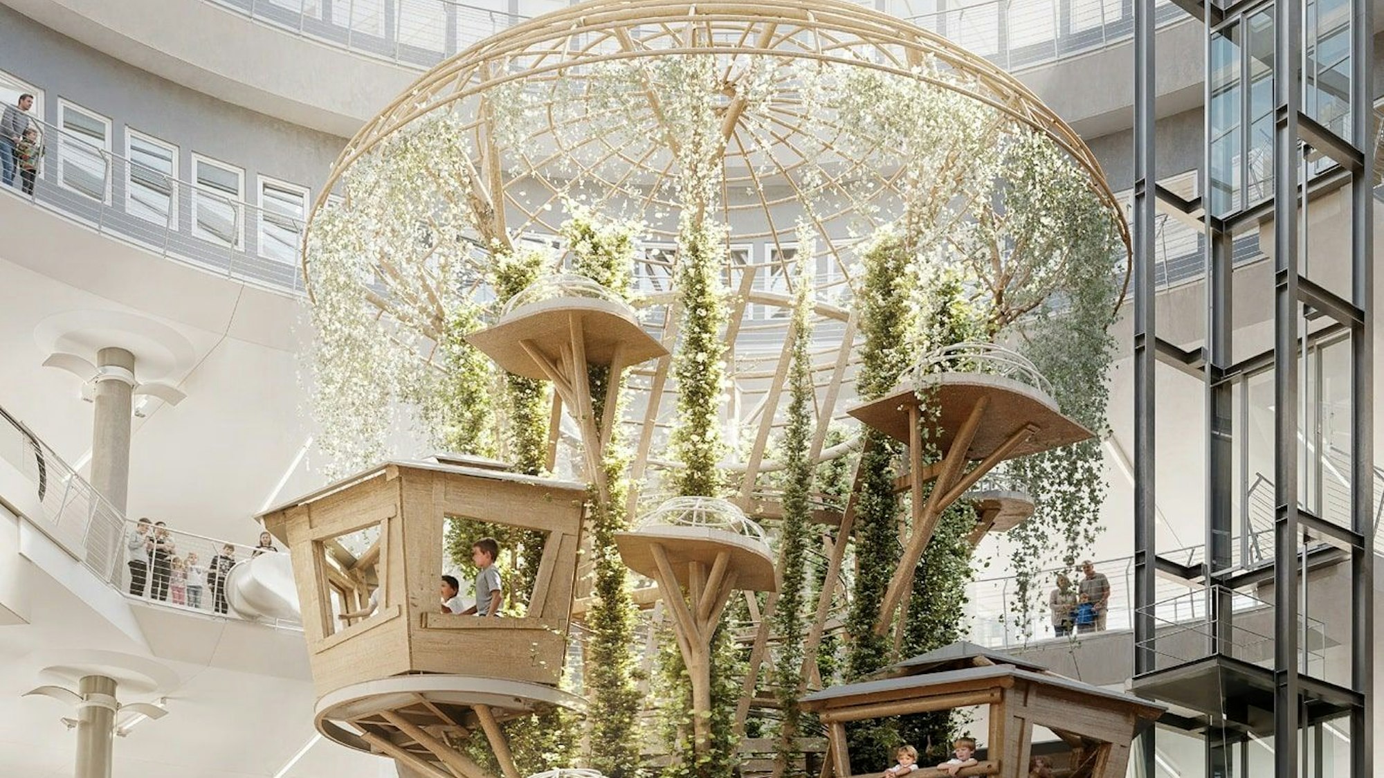 Die Visualisierung zeigt einen großen Kletterbaum im Atrium des Hauses.