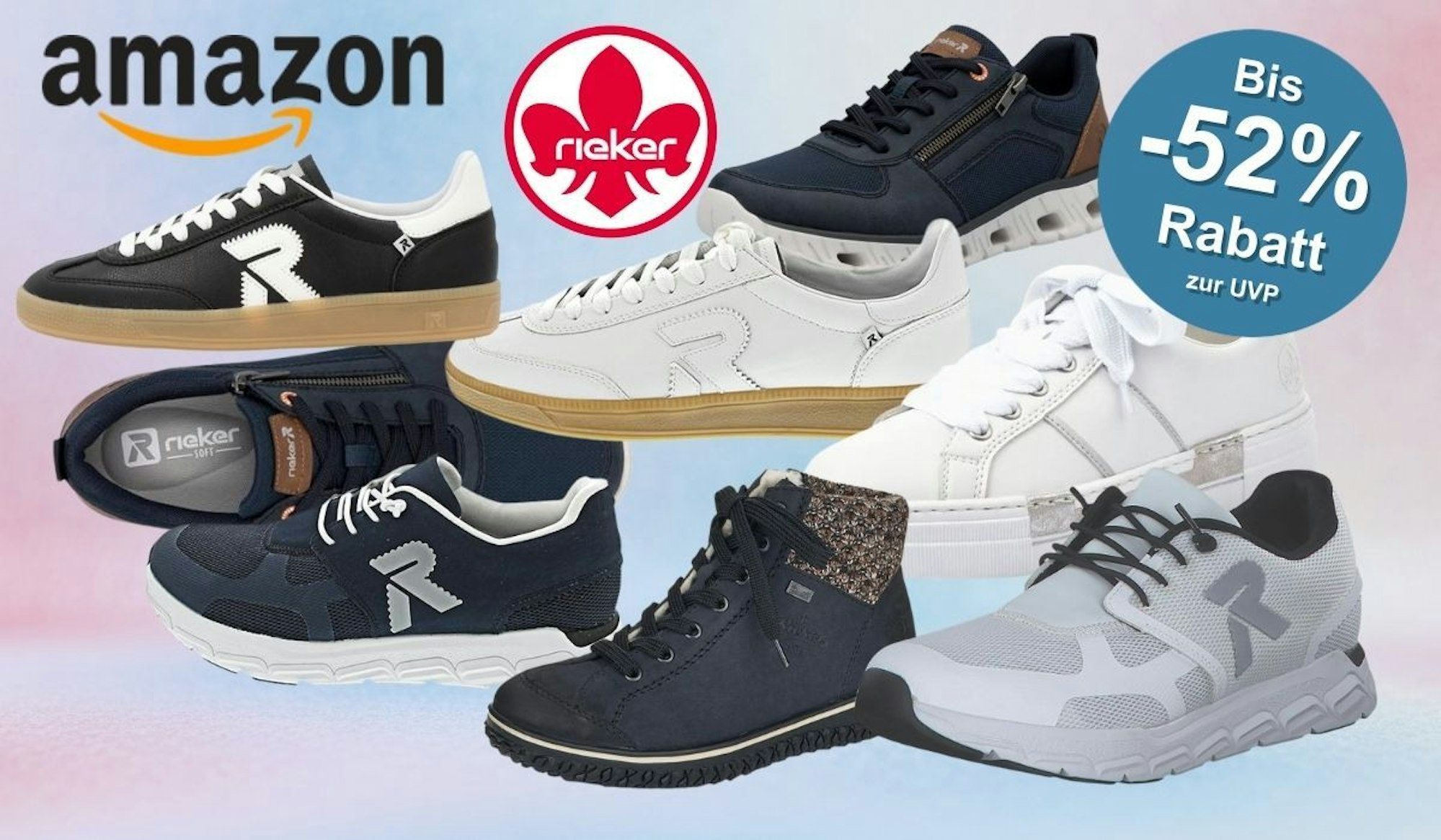 Rieker Sneaker und Schuhe für Damen und Herren in verschiedenen Modellen und Farben vor einem pastellfarbenen Hintergrund.