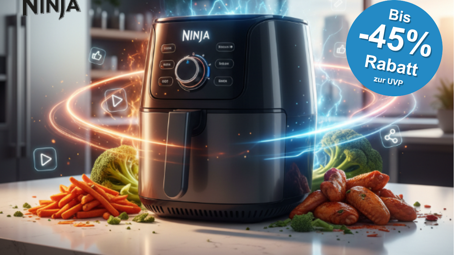 Eine Collage verschiedener Ninja-Heißluftfritteusen.