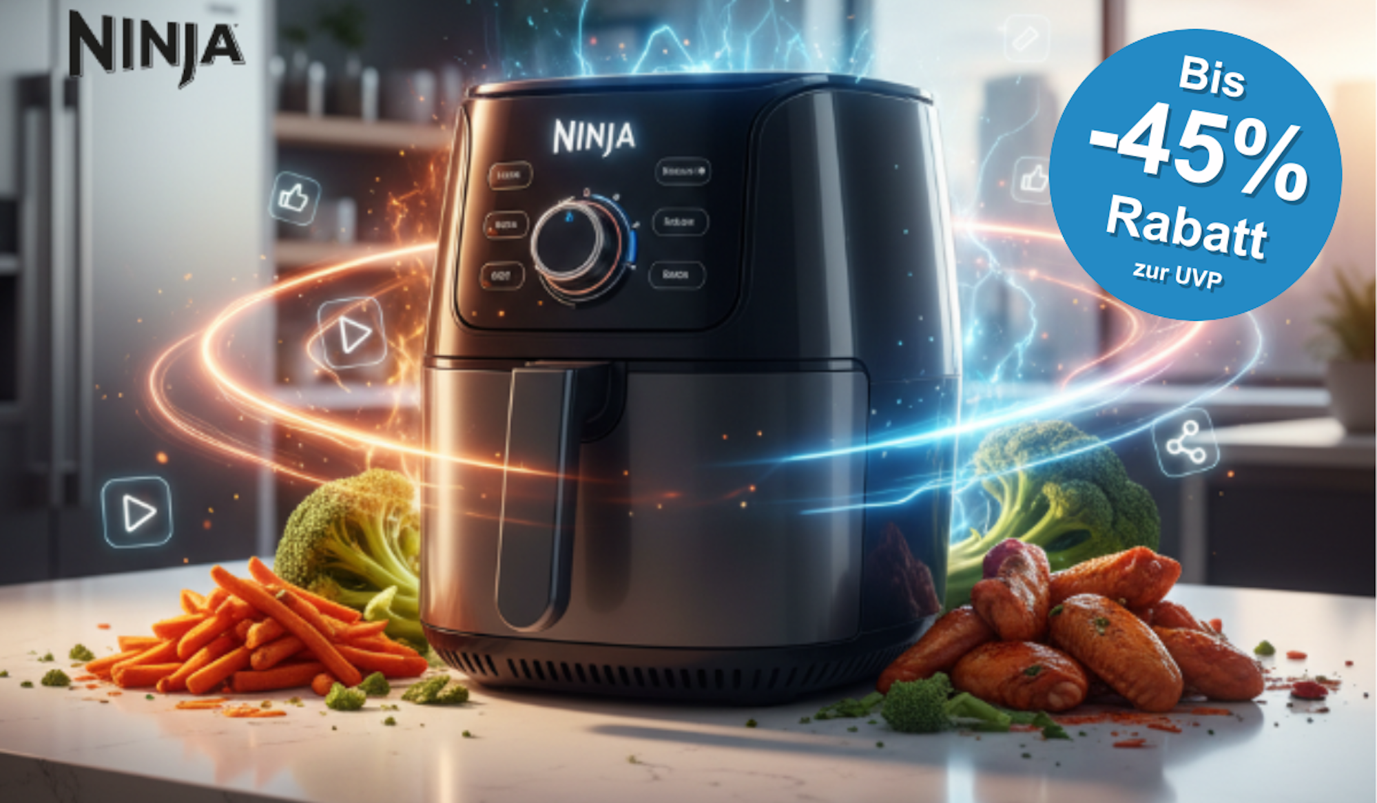 Eine Collage verschiedener Ninja-Heißluftfritteusen.