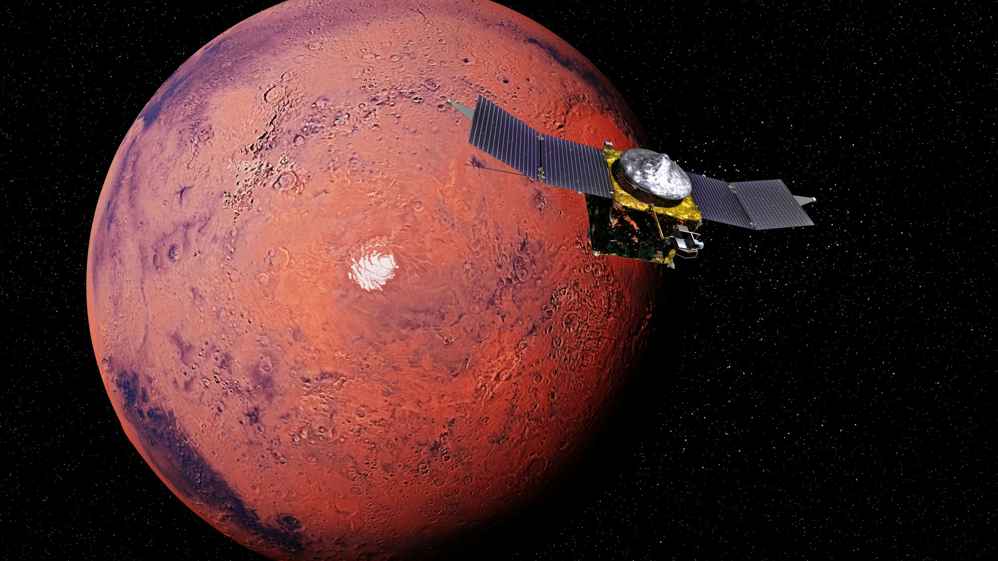 Die Mars-Sonde „Maven“ im Orbit des roten Planeten nahe des Südpols.