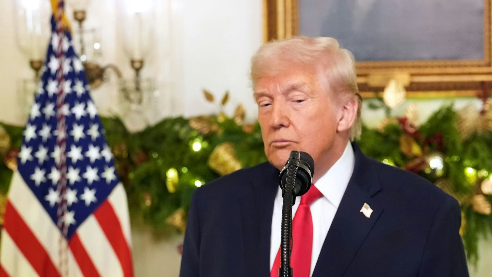 President Donald Trump finishes his remarks in an address to the nation from the Diplomatic Reception Room at the White House, Wednesday, Dec. 17, 2025, in Washington. (Doug Mills/The New York Times via AP, Pool).