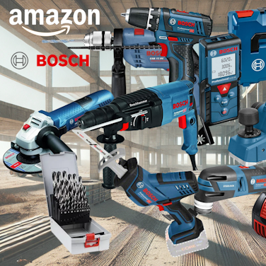 Bosch Professional Werkzeug vor schwarzem Hintergrund. Dabei Akkubohrschrauber, Laser Entfernungsmesser, Hammer, Schlagbohrmaschine, Winkelschleifer, Werkzeugkoffer, Säbelsäge, Elektrohobel.