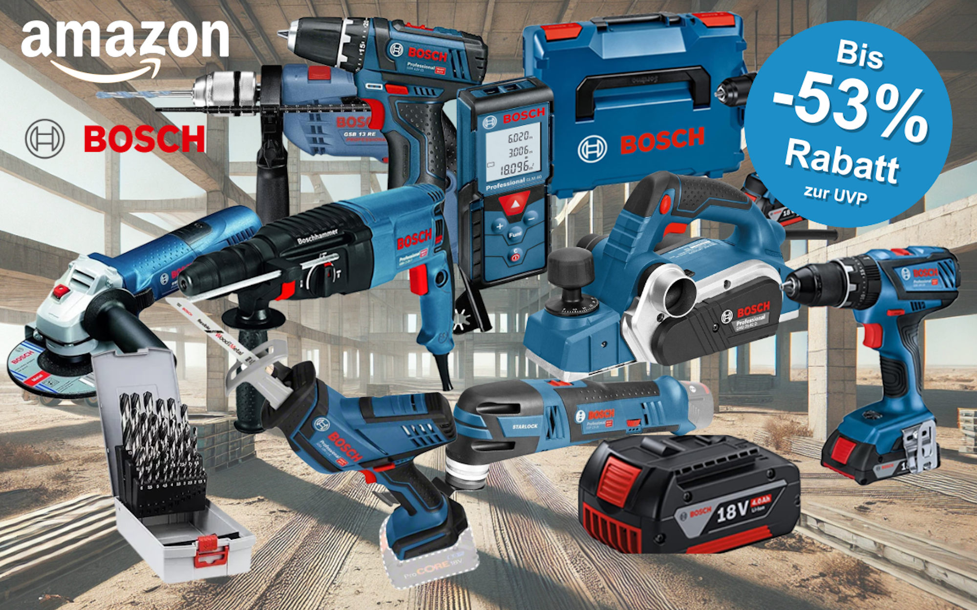 Bosch Professional Werkzeug vor schwarzem Hintergrund. Dabei Akkubohrschrauber, Laser Entfernungsmesser, Hammer, Schlagbohrmaschine, Winkelschleifer, Werkzeugkoffer, Säbelsäge, Elektrohobel.