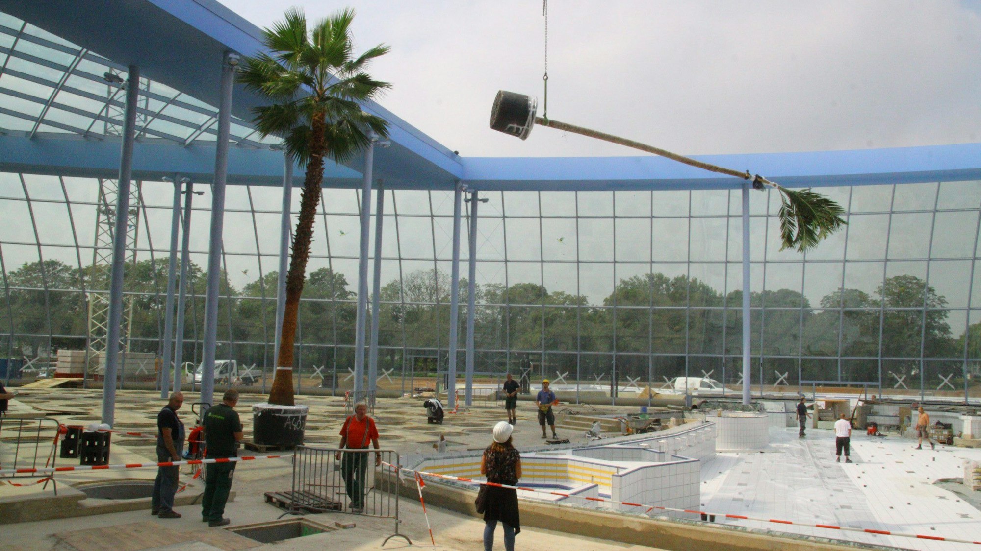 Das Bild zeigt einen Moment während des Baus der Therme. Eine Palme hängt an einem Kran.