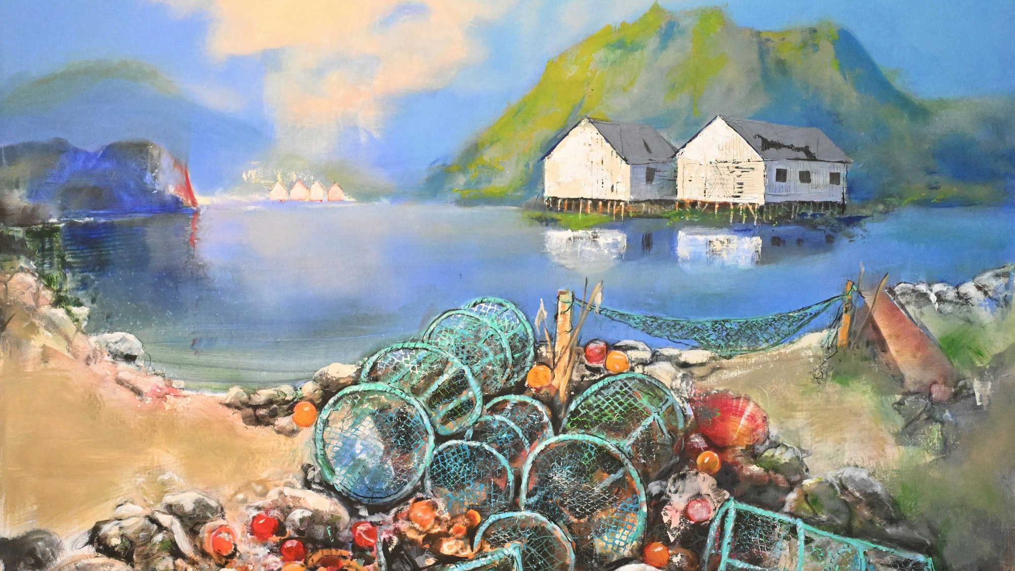 Ein Gemälde von zwei Fischerhütten.