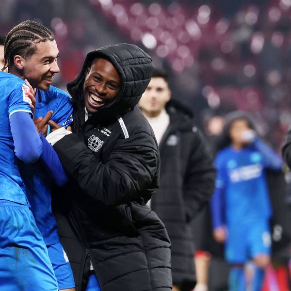 RB Leipzig - Leverkusen / Bundesliga Leipzig, 20.12.2025, Red Bull Arena, Fußball, 1.Bundesliga, 15.Spieltag , RB Leipzig vs. Bayer Leverkusen 1:3 1:2 , Im Bild: Leverkusen jubeltr nach dem Spiel. Jeanuel Belocian 44, Leverkusen, Motrell Amare Culbreath 42, Leverkusen. , Nur zur redaktionellen Nutzung. Only editorial use. , DFL / DFB regulations prohibit any use of photographs as image sequences and/or quasi-video. , *** RB Leipzig Leverkusen Bundesliga Leipzig, 20 12 2025, Red Bull Arena, Soccer, 1 Bundesliga, 15 Matchday , RB Leipzig vs Bayer Leverkusen 1 3 1 2 , In the picture Leverkusen jubeltr after the match Jeanuel Belocian 44, Leverkusen , Motrell Amare Culbreath 42, Leverkusen , For editorial use only Only editorial use , DFL DFB regulations prohibit any use of photographs as image sequences and or quasi video ,