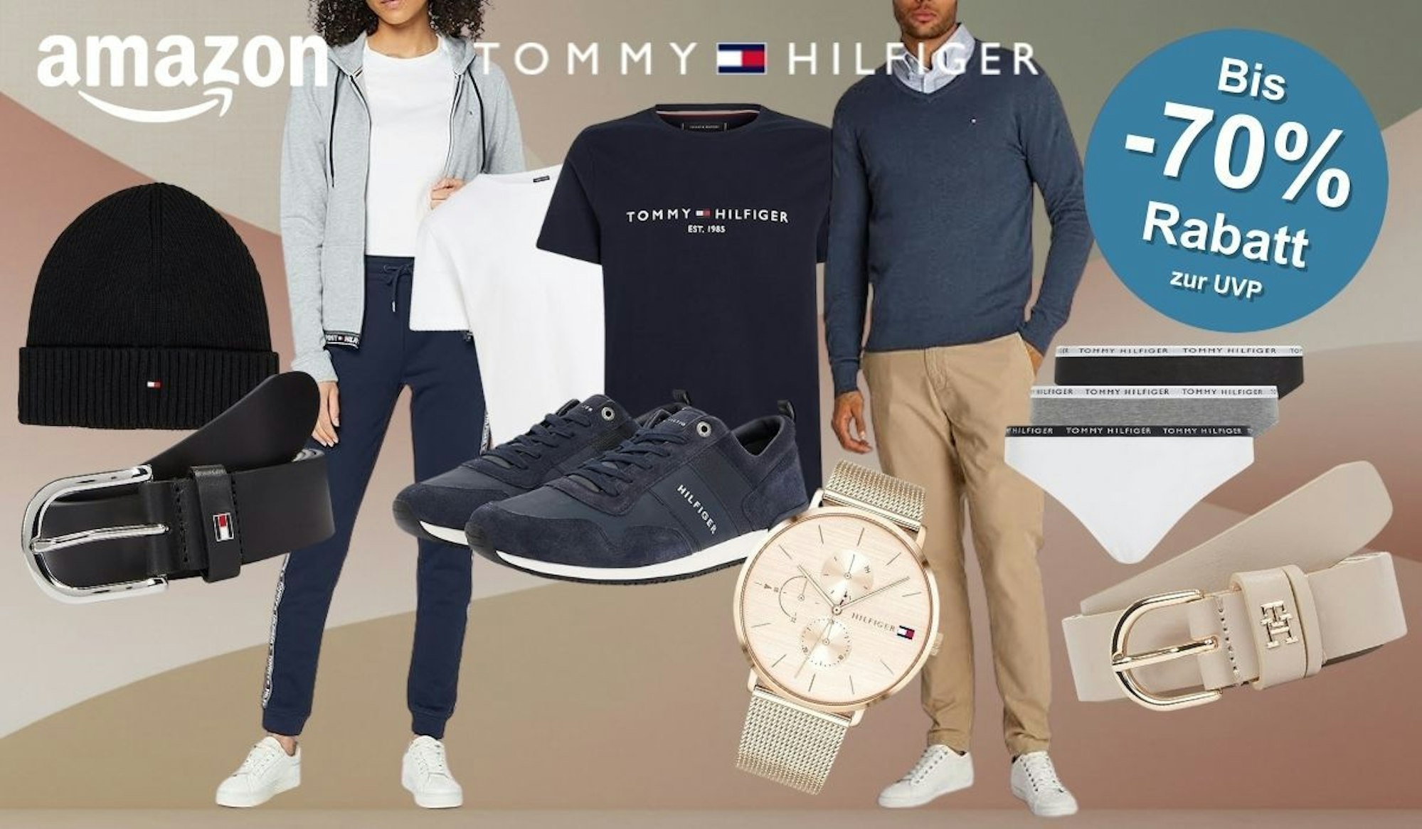 Shirts, Sneaker, Pullover, Uhr, Mütze, Gürtel und weitere Accessoires von Tommy Hilfiger vor einem dezent farbigen Hintergrund.