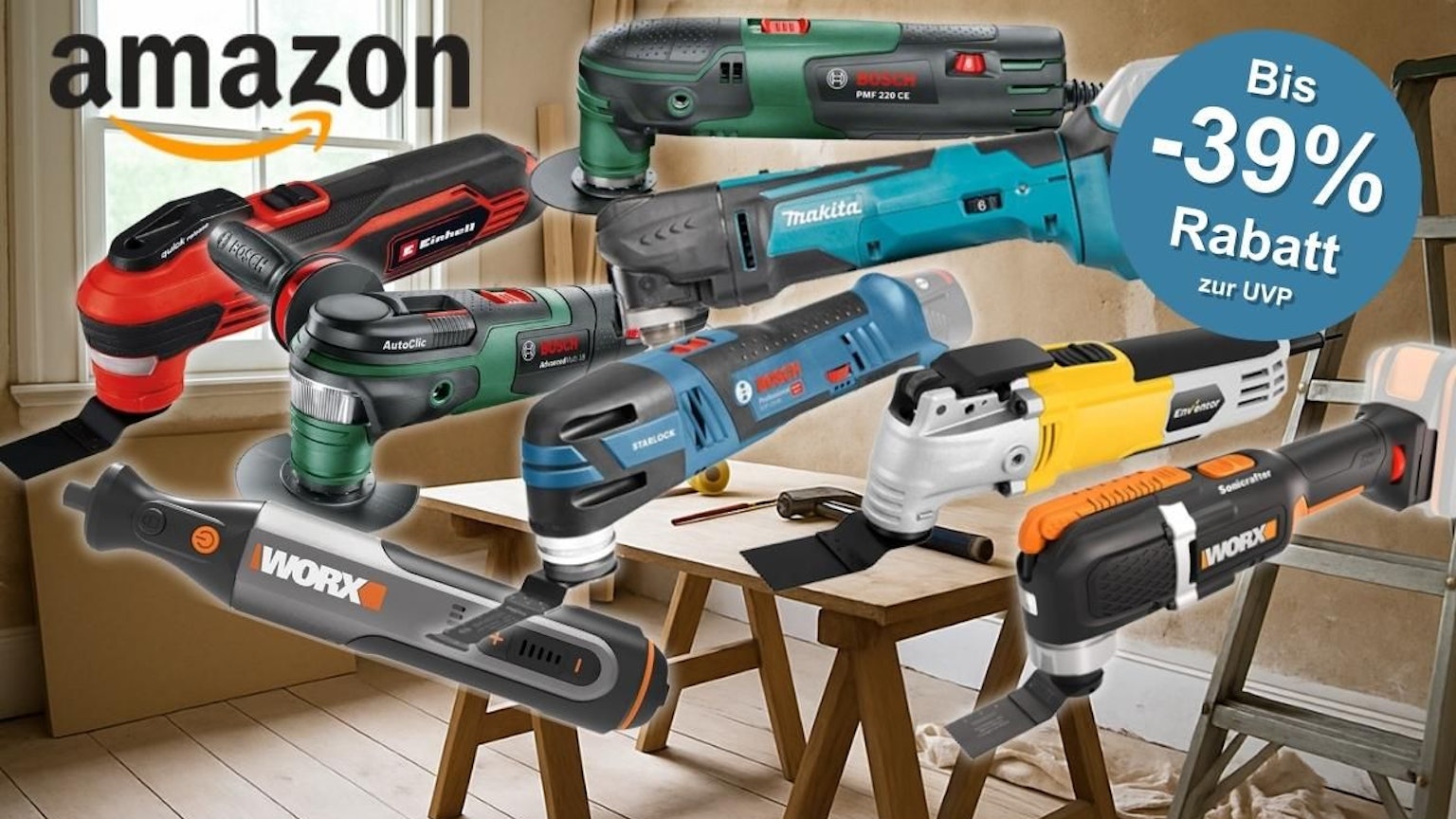 Multitools bzw. Multifunktionswerkzeuge verschiedener Marken wie Bosch Home and Garden, Bosch Professional, Makita, Einhell, Worx in einem leeren Wohnraum mit Arbeitsplatte zum Heimwerken.