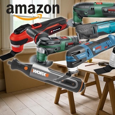 Multitools bzw. Multifunktionswerkzeuge verschiedener Marken wie Bosch Home and Garden, Bosch Professional, Makita, Einhell, Worx in einem leeren Wohnraum mit Arbeitsplatte zum Heimwerken.