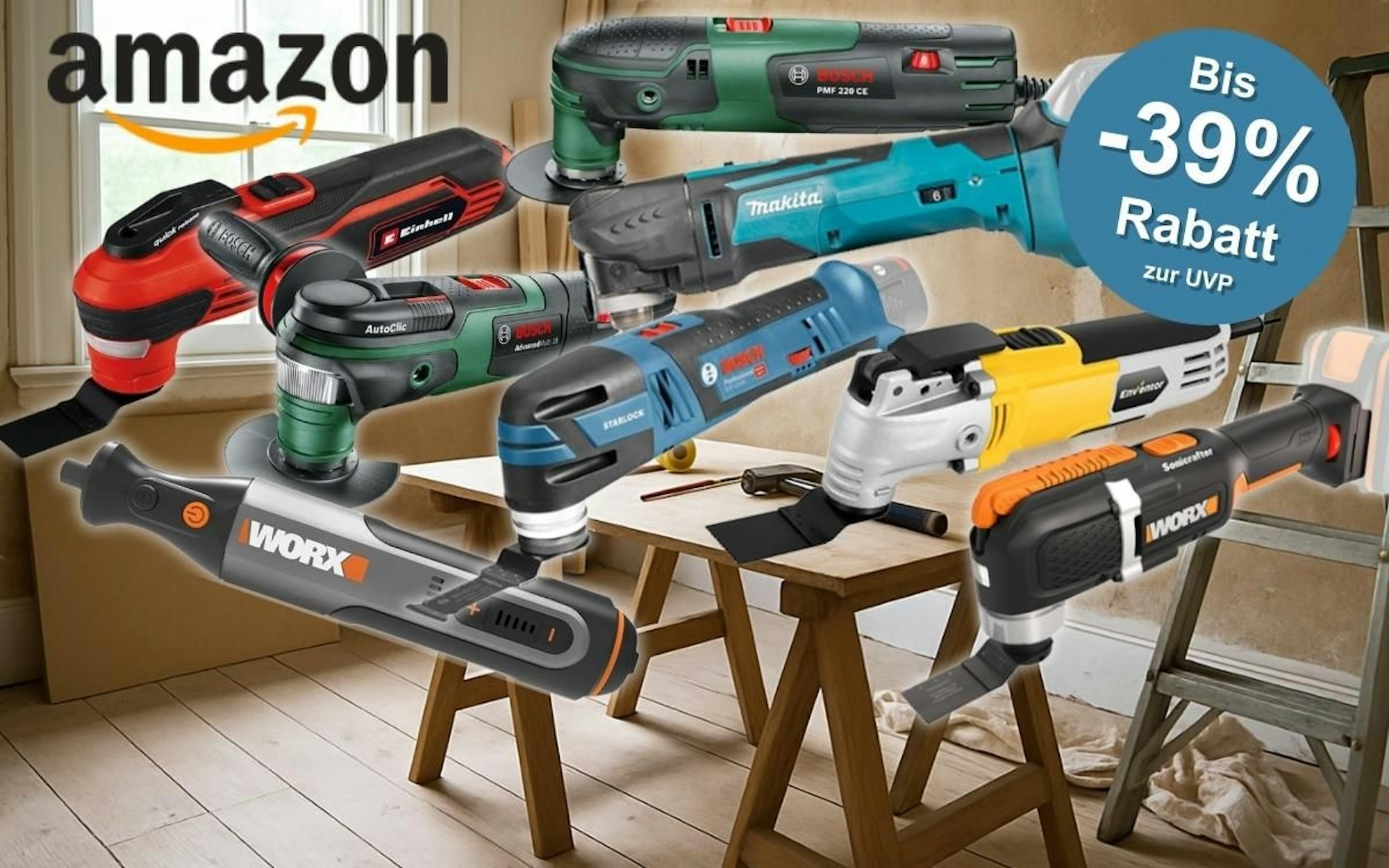 Multitools bzw. Multifunktionswerkzeuge verschiedener Marken wie Bosch Home and Garden, Bosch Professional, Makita, Einhell, Worx in einem leeren Wohnraum mit Arbeitsplatte zum Heimwerken.