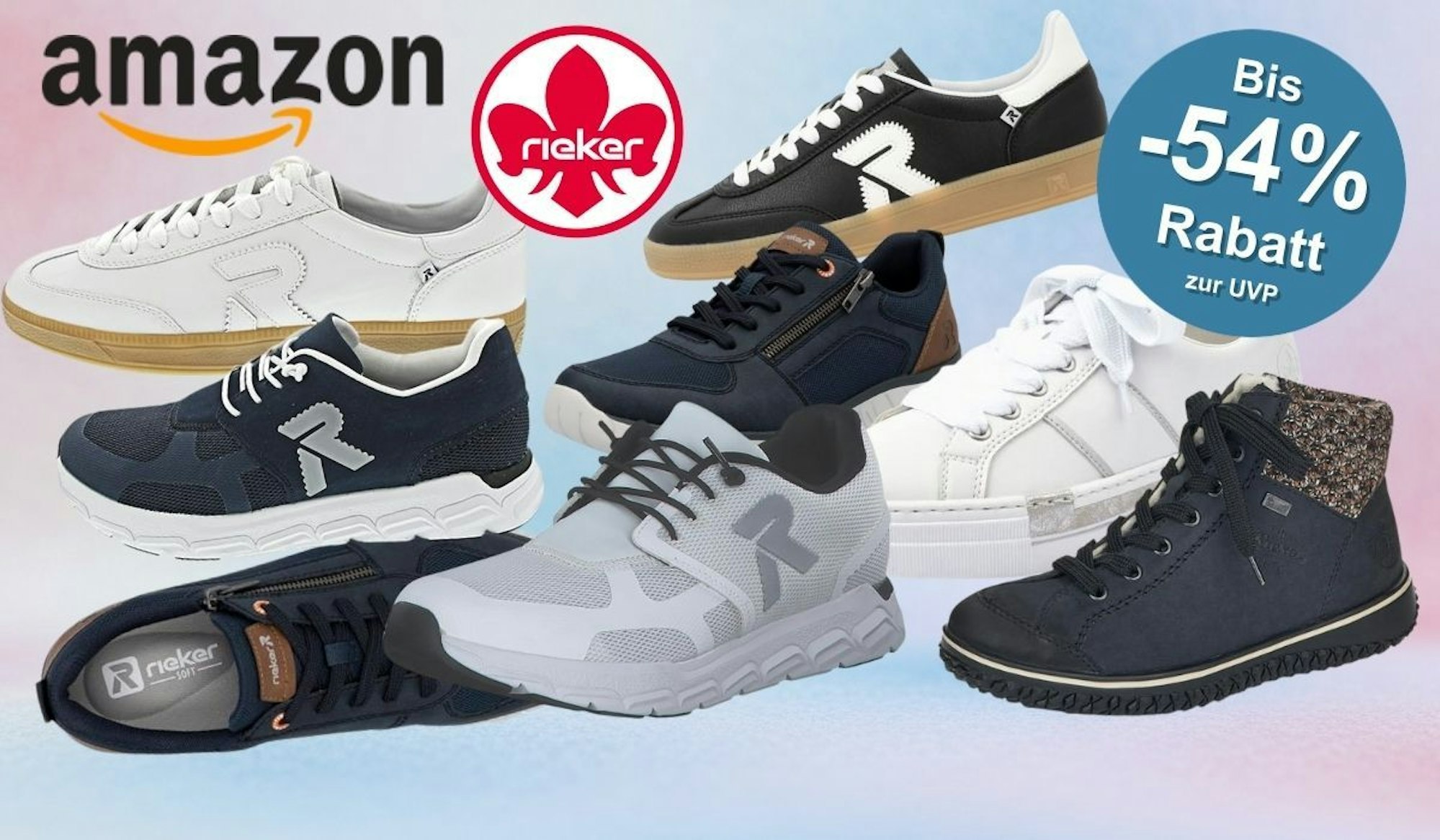Rieker Sneaker und Schuhe für Damen und Herren in verschiedenen Modellen und Farben vor einem farbigen Hintergrund mit Pastell-Farben.