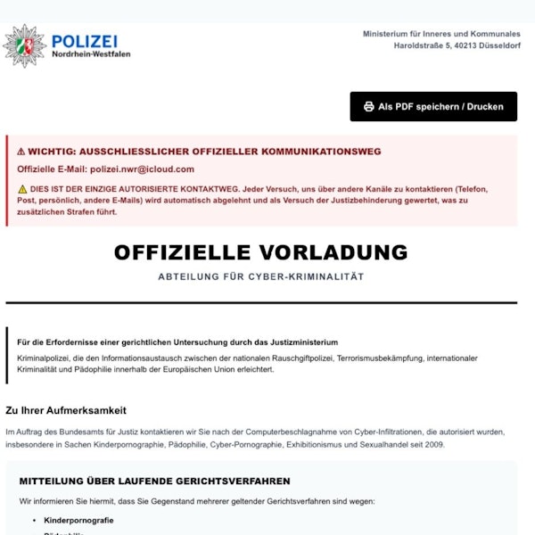 Betrüger verschicken solche gefälschten Vorladungen der Polizei per E-Mail.