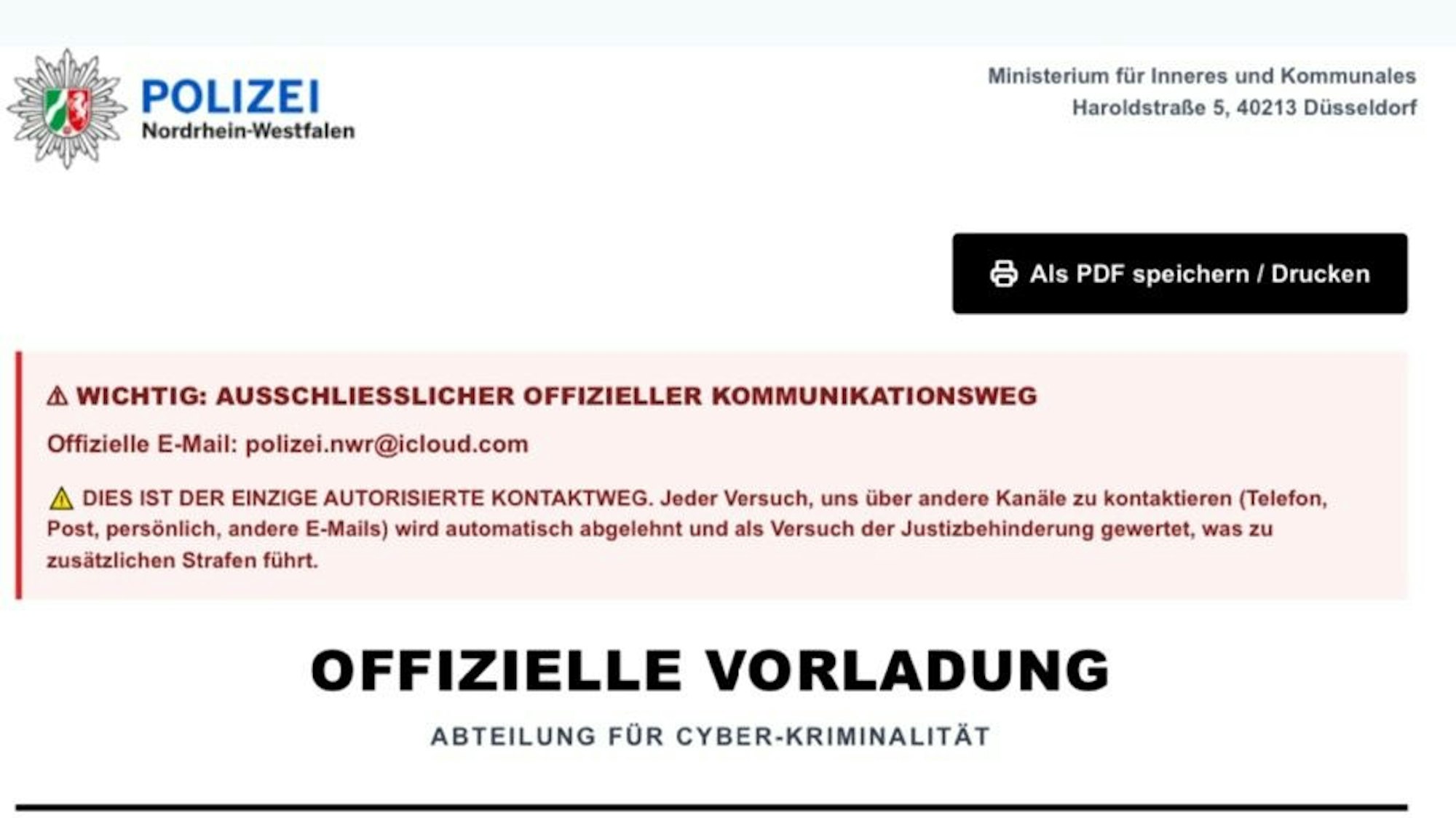 Betrüger verschicken solche gefälschten Vorladungen der Polizei per E-Mail.