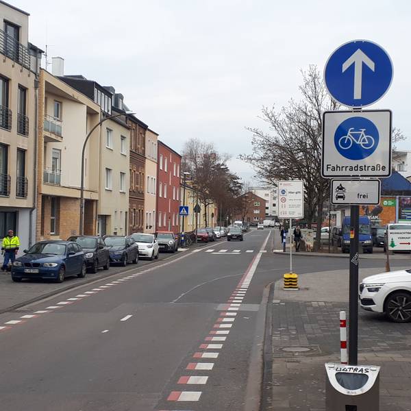 Ein Schild am Straßenrand weist einen die daneben liegende Straße als Fahrradstraße aus.