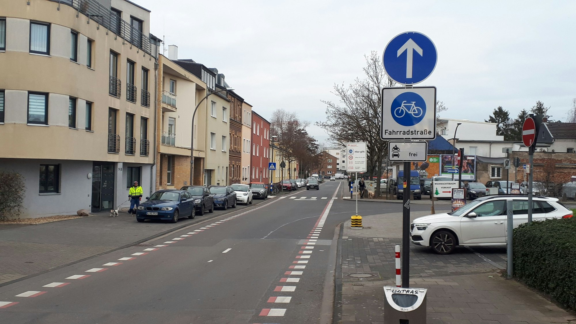 Ein Schild am Straßenrand weist einen die daneben liegende Straße als Fahrradstraße aus.