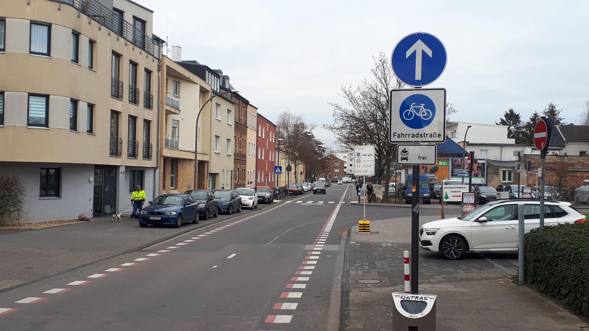 Ein Schild am Straßenrand weist einen die daneben liegende Straße als Fahrradstraße aus.