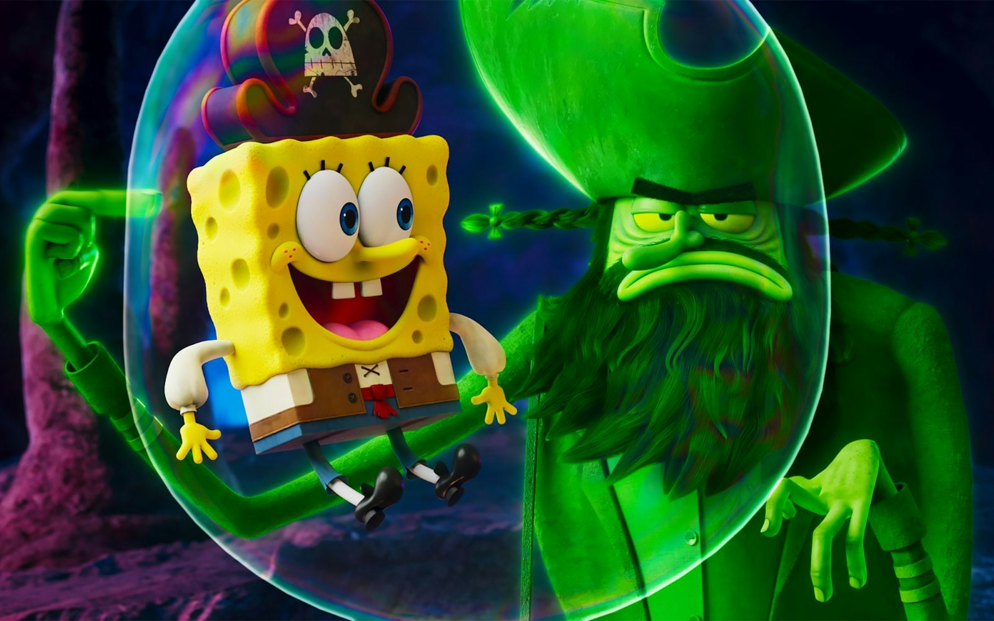 SpongeBob Schwammkopf (links) lässt sich vom verfluchten Geisterpiaten Fliegender Holländer einlullen. (Bild: 2025 Paramount Pictures/Nickelodeon Movies/Viacom International)