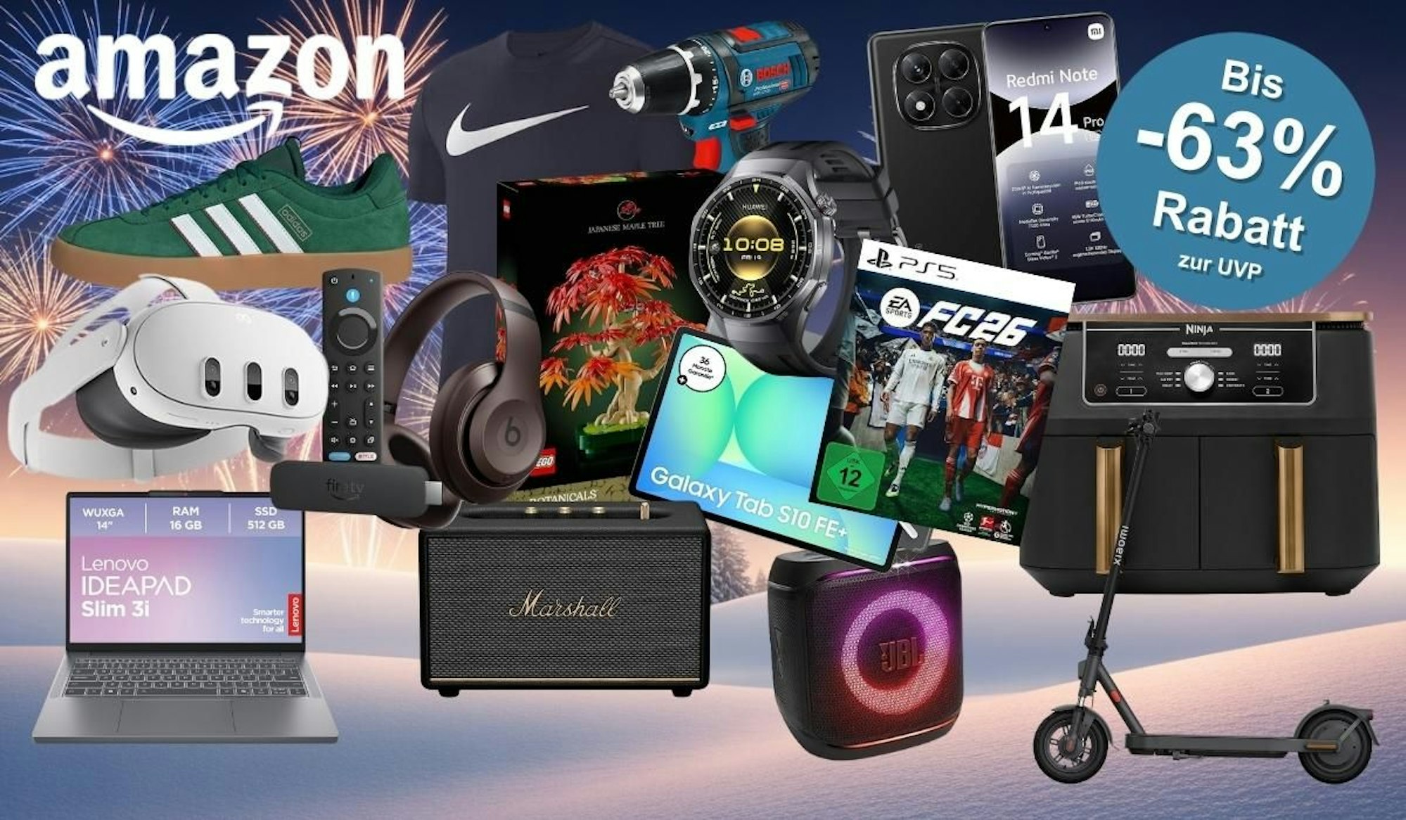Bildhintergrund mit Feuerwerk und Winterwald, davor Produkte aus Technik, Mode oder Haushalts. Mit dabei Bosch Professional Akkubohrschrauber, PS5 Spiel EA FC 26, Adidas Sneaker, Xiaomi Redmi Smartphone, JBL Box, Samsung Galaxy Tab , Ninja Airfryer, Meta Quest VR Brille, Lego Botanical Collection und noch mehr.