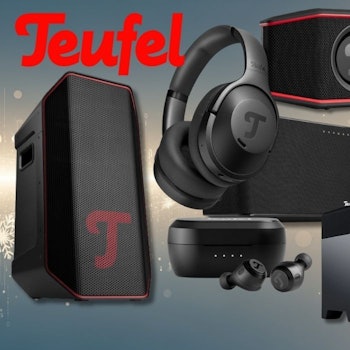 Teufel Audio Geräte wie Kopfhörer, Lautsprecher, Soundbars, Heimkinosysteme, Radios und mehr vor einem Bildhintergrund in beigen Farben mit Schneeflocken.