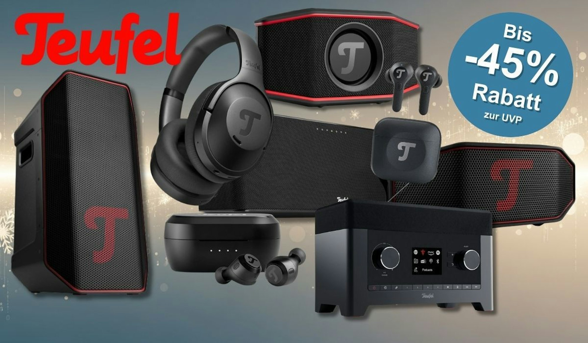 Teufel Audio Geräte wie Kopfhörer, Lautsprecher, Soundbars, Heimkinosysteme, Radios und mehr vor einem Bildhintergrund in beigen Farben mit Schneeflocken.