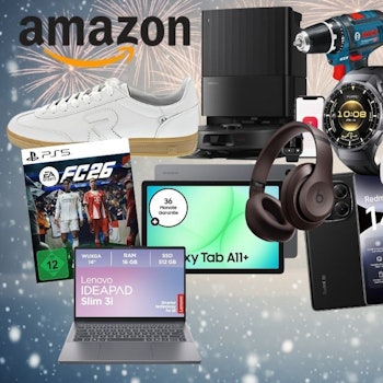 Bildhintergrund mit Winter und Schneeflocken, davor Produkte aus Technik, Mode oder Haushalts. Mit dabei Bosch Professional Akkubohrschrauber, PS5 Spiel EA FC 26, Rieker Sneaker, Xiaomi Redmi Smartphone, JBL Box, Samsung Galaxy Tab , Cosori Airfryer, Meta Quest VR Brille, nike Shirt, Roborock Staubsaugerroboter.