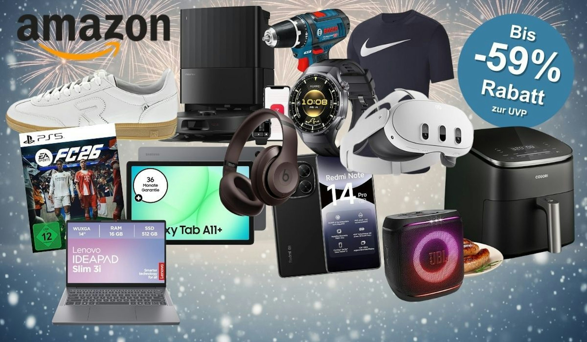 Bildhintergrund mit Winter und Schneeflocken, davor Produkte aus Technik, Mode oder Haushalts. Mit dabei Bosch Professional Akkubohrschrauber, PS5 Spiel EA FC 26, Rieker Sneaker, Xiaomi Redmi Smartphone, JBL Box, Samsung Galaxy Tab , Cosori Airfryer, Meta Quest VR Brille, nike Shirt, Roborock Staubsaugerroboter.