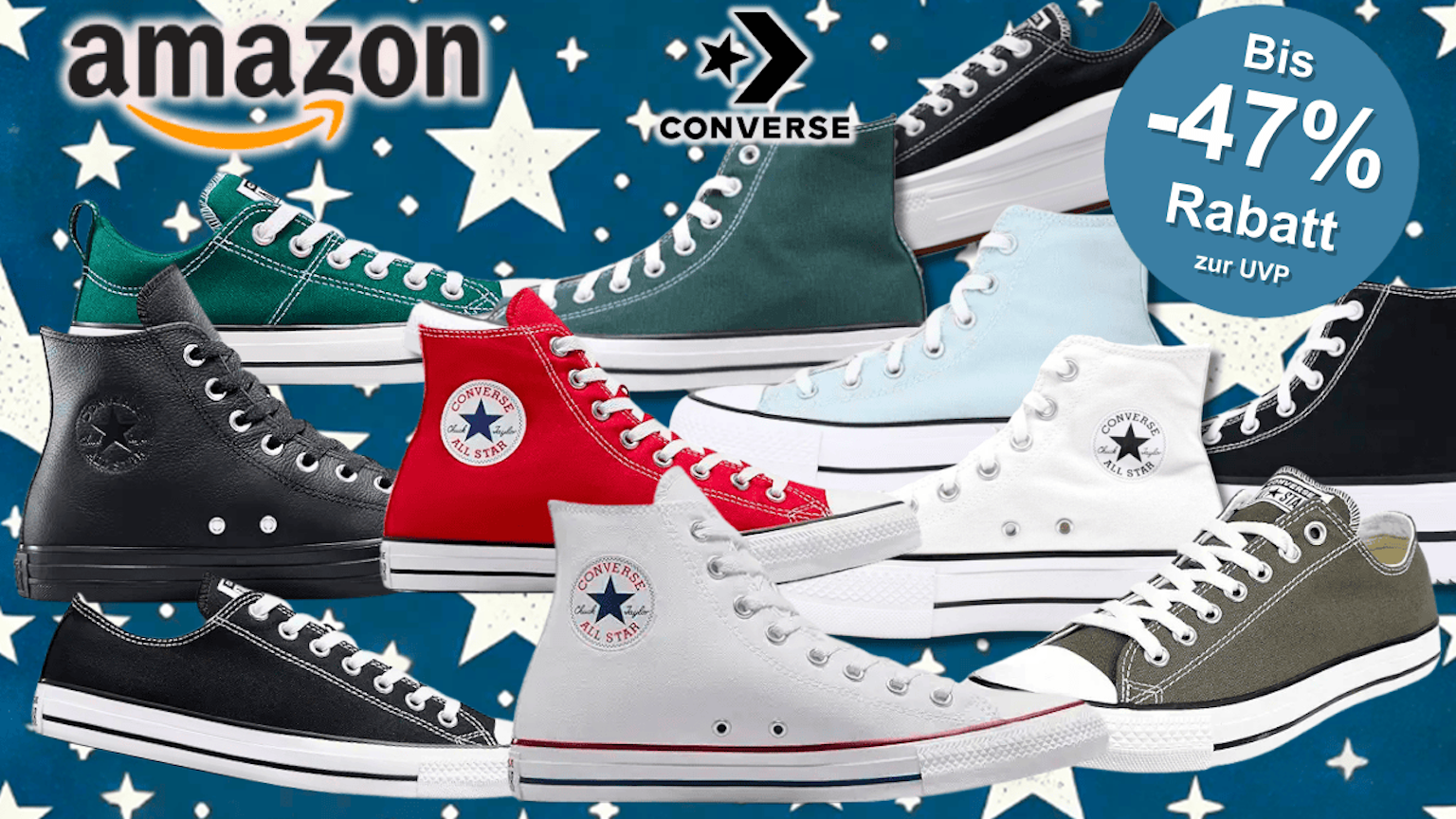 Verschiedene Chuck Taylor All Stars vor einem Sternen Hintergrund.