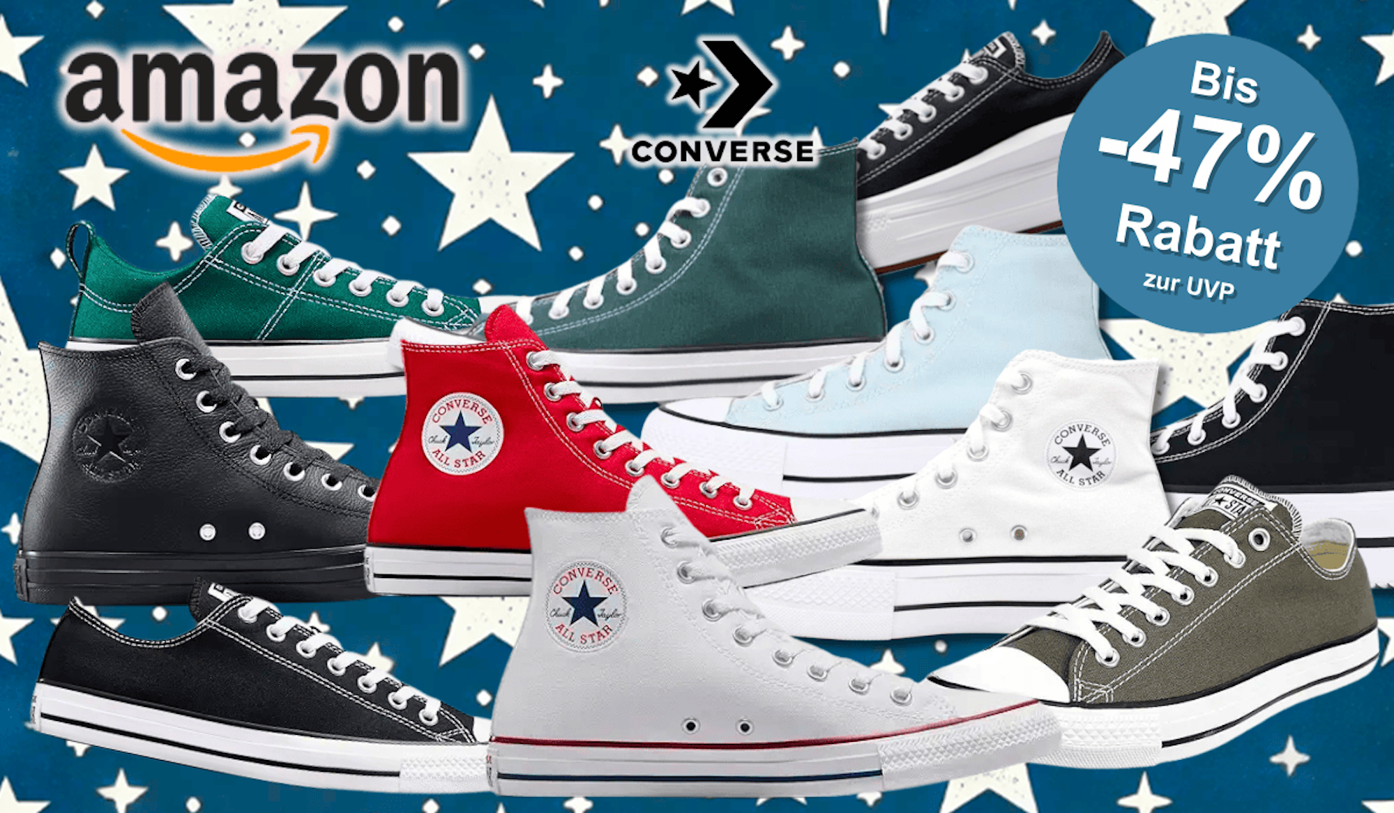 Verschiedene Chuck Taylor All Stars vor einem Sternen Hintergrund.
