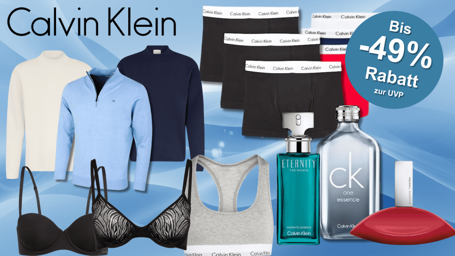 Verschiedene Calvin klein Produkte vor einem blauen Hintergrund.