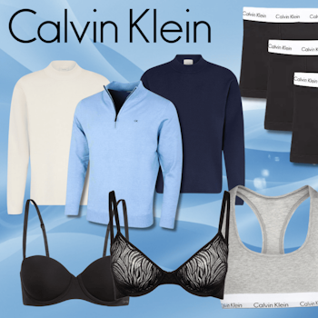 Verschiedene Calvin klein Produkte vor einem blauen Hintergrund.