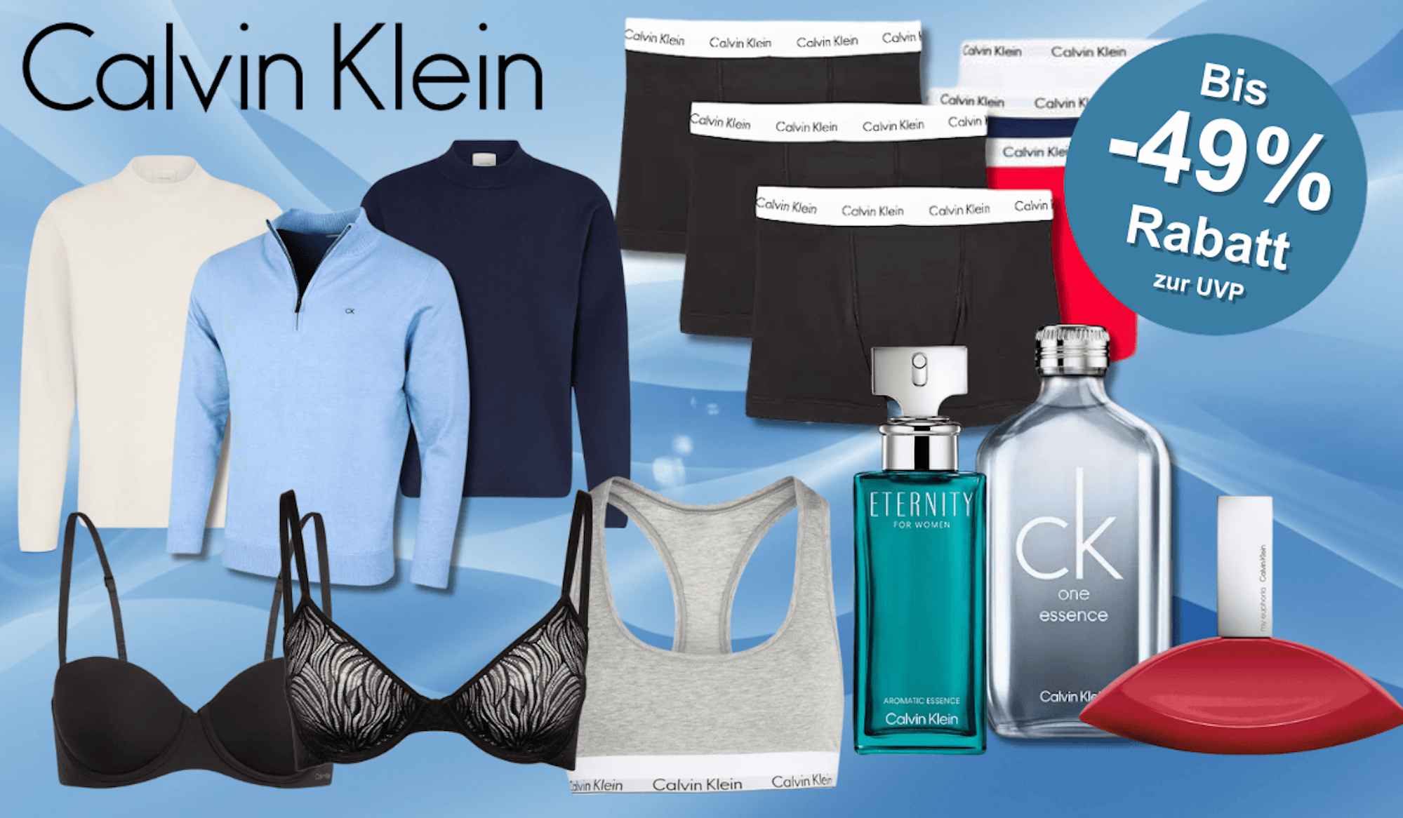 Verschiedene Calvin klein Produkte vor einem blauen Hintergrund.