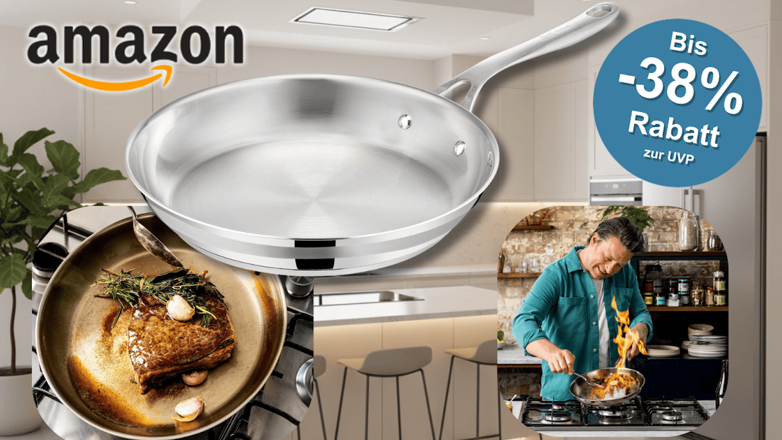 Die Jamie Oliver Edelstahlpfanne vor Tefal in einer Küche.