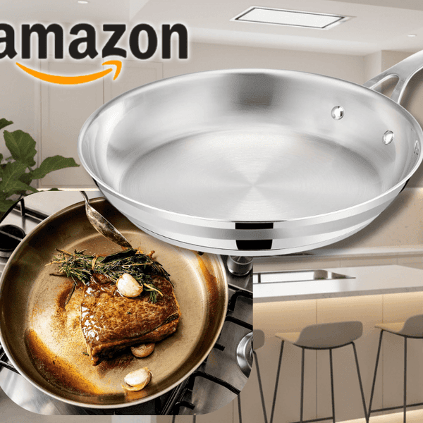 Die Jamie Oliver Edelstahlpfanne vor Tefal in einer Küche.