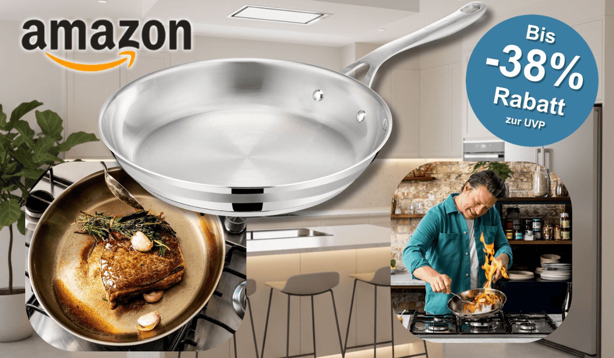 Die Jamie Oliver Edelstahlpfanne vor Tefal in einer Küche.