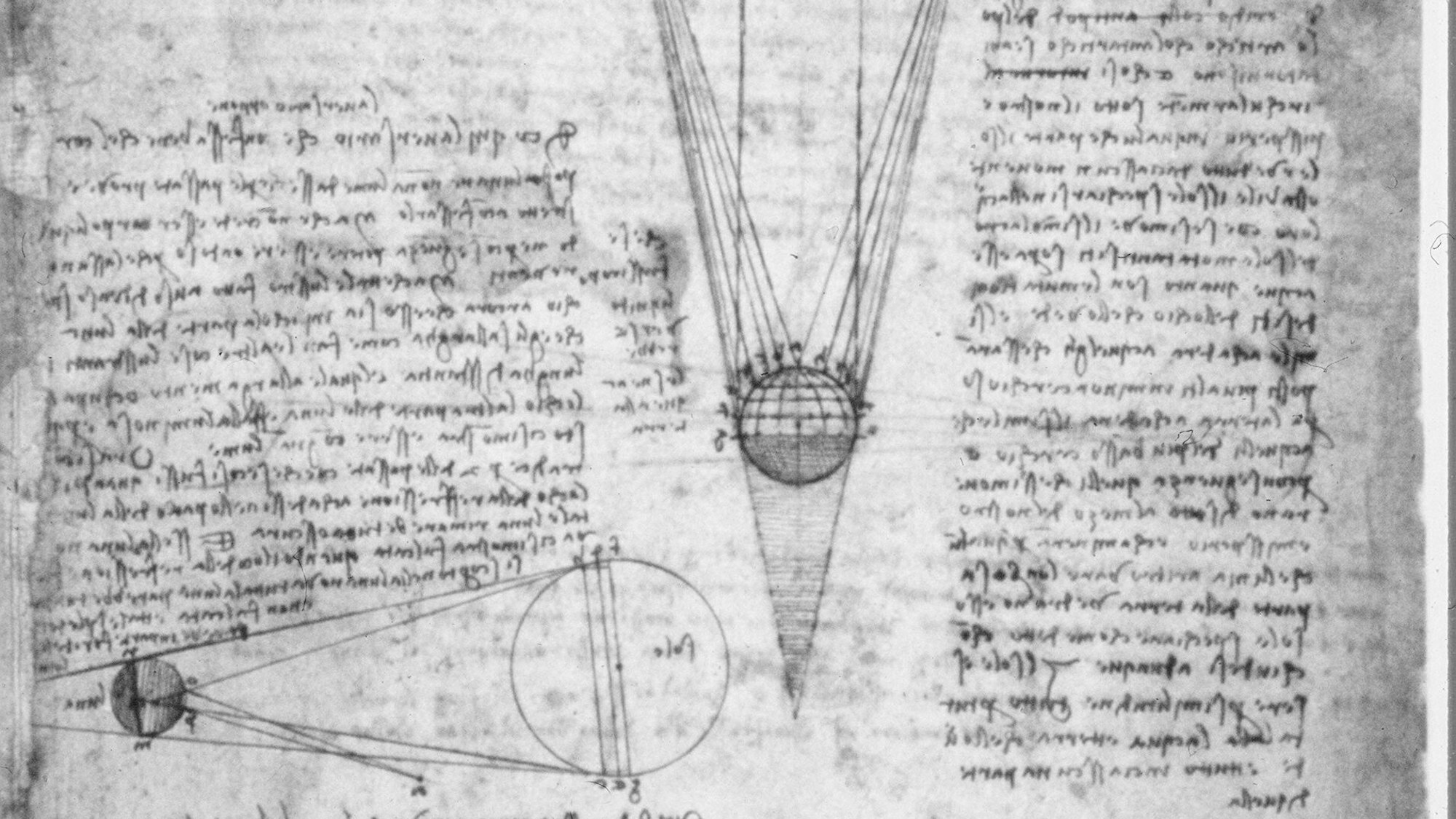 Das undatierte Bild zeigt Blatt 1 A/Folio 1 R des „Codex Leicester“ von Leonardo da Vinci (1452–1519) mit kosmologischen Zeichnungen zum Verhältnis zwischen Sonne, Erde und Mond.