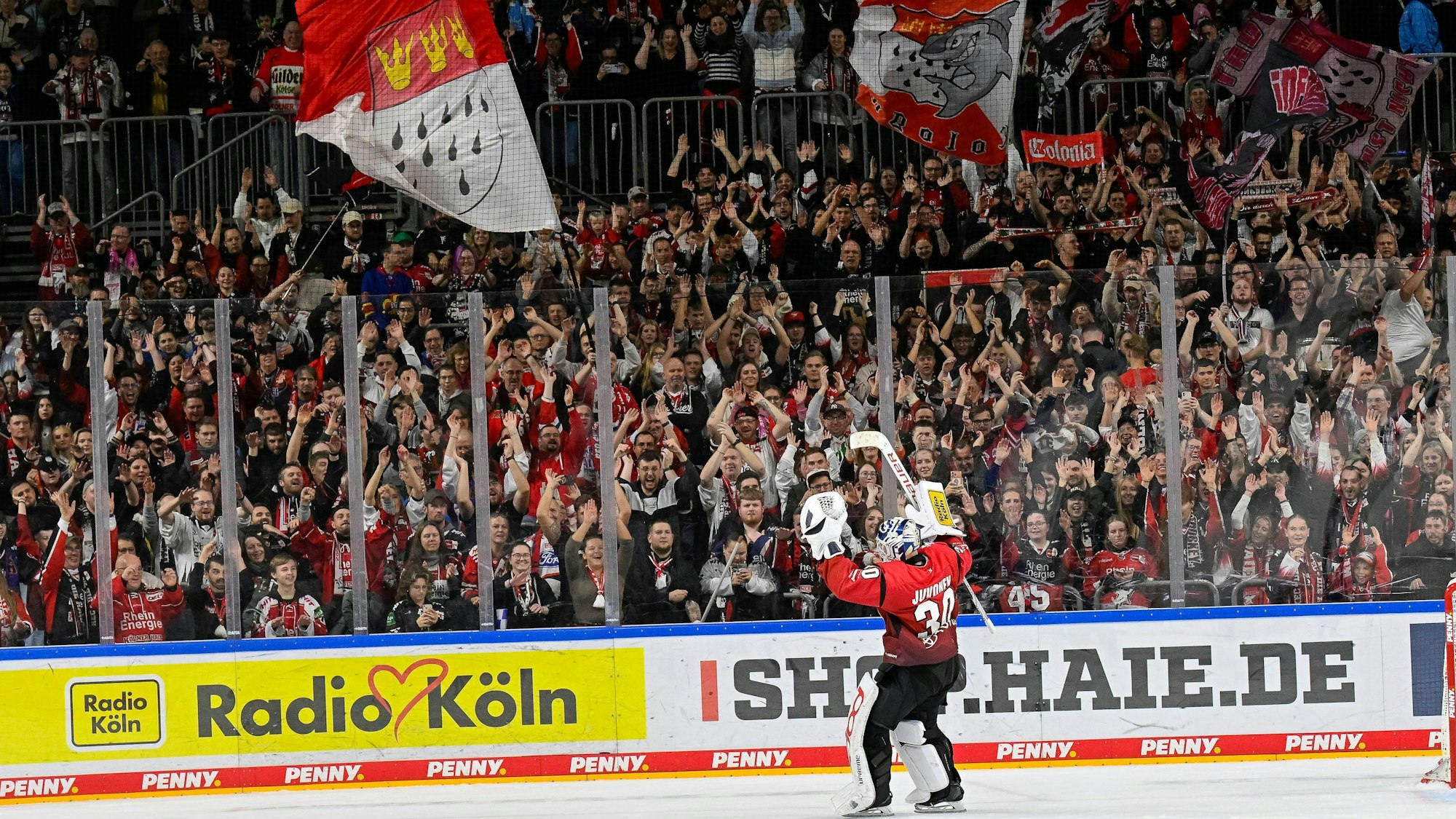Die Haie-Fans jubeln mit Janne Juvonen.