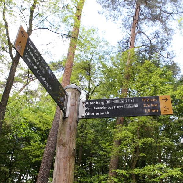 Schilder weisen Wanderern den Weg.